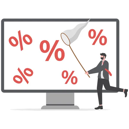 Businessman Through The Laptop Catching Percents With Butterfly Net Finance Debt Crisis Concept Flat Vector Illustration Illustration