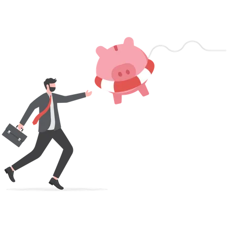 Businessman catching piggybank with lifebuoy as life support in crisis  Illustration