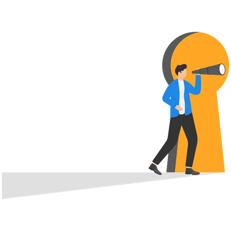 Businessman Cautious Looking Out From Through A Large Lit Up Keyhole Concept Business Vector Illustration Illustration