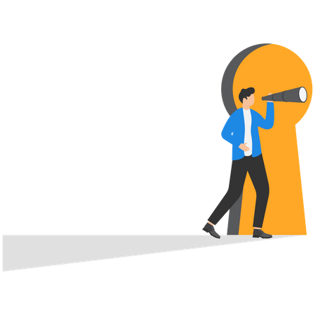 Businessman cautious looking out from through a large lit up keyhole  Illustration