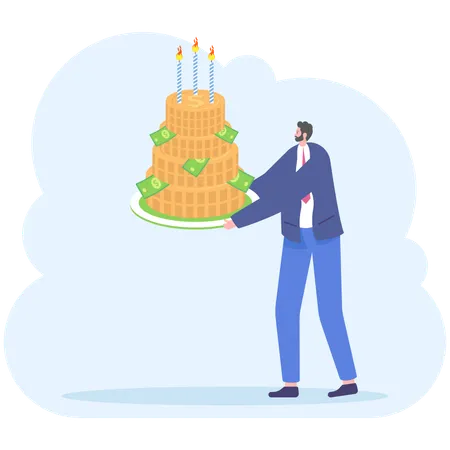 Businessman Take A Cake Of Money Party Celebration Birthday Illustration
