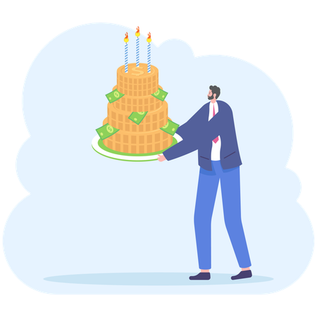 Businessman celebrates money cake  Illustration