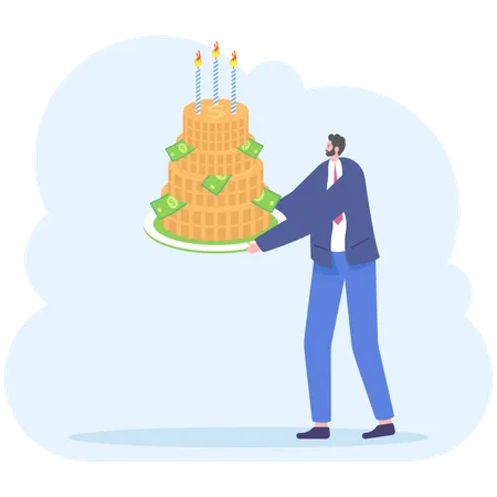 Businessman celebrates money cake  Illustration