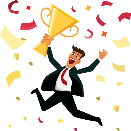 Businessman celebrating and jumping with trophy  Illustration