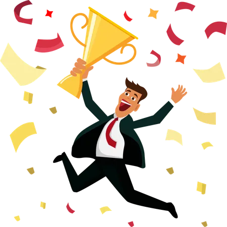 Businessman celebrating and jumping with trophy  Illustration