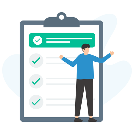 Businessman celebrating completing all tasks on giant clipboard checklist  Illustration