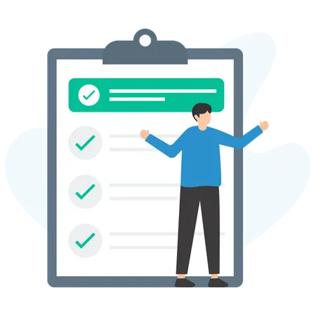 Businessman celebrating completing all tasks on giant clipboard checklist  Illustration