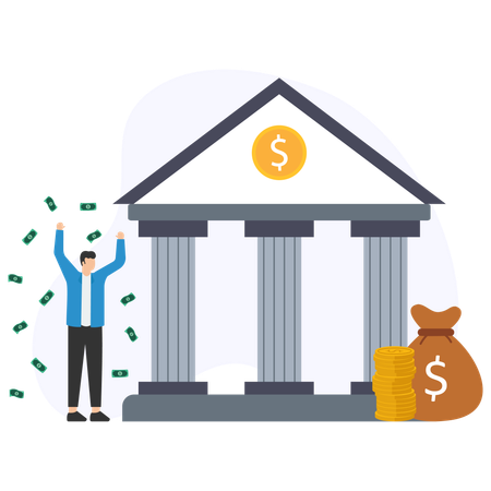 Businessman celebrating financial success in front of bank building  Illustration
