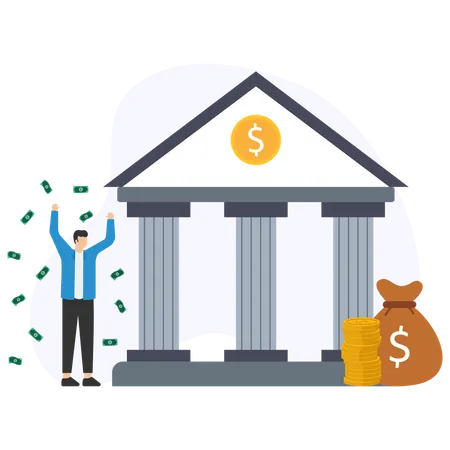 Businessman celebrating financial success in front of bank building  Illustration