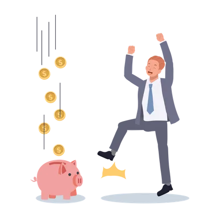 Businessman celebrating savings return from piggy bank  Illustration