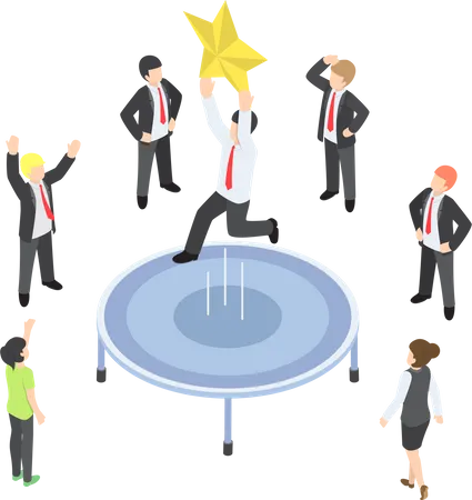 Flat 3 D Isometric Businessman Jumping On The Trampoline And Catch The Star Success Career And Achievement Concept Illustration