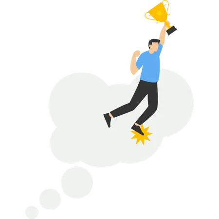 Concept Turning Dreams Into Reality Businessman With Success Trophy Jumping From Thought Bubble To Reality Creative For Success Aspiration Motivation To Think Big And Achieve Business Goals Illustration
