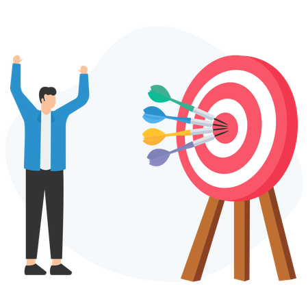 Businessman celebrating success hitting target with darts  Illustration