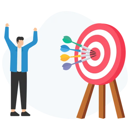 Businessman celebrating success hitting target with darts  Illustration
