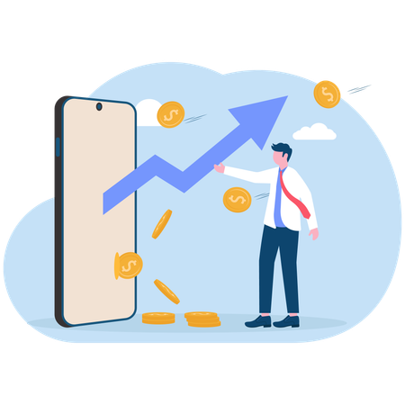 Businessman celebrating successful investment with rising arrow and gold coins coming out of smartphone  Illustration