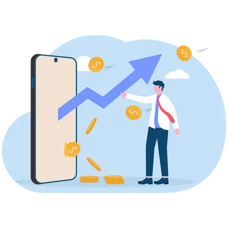 Businessman celebrating successful investment with rising arrow and gold coins coming out of smartphone  Illustration