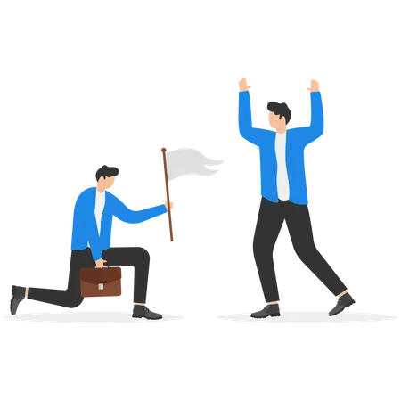Winner Raised Arm In Victory Gesture And Loser Crawling On Floor With White Flag To Surrender Vector Illustration For Business Concept Illustration