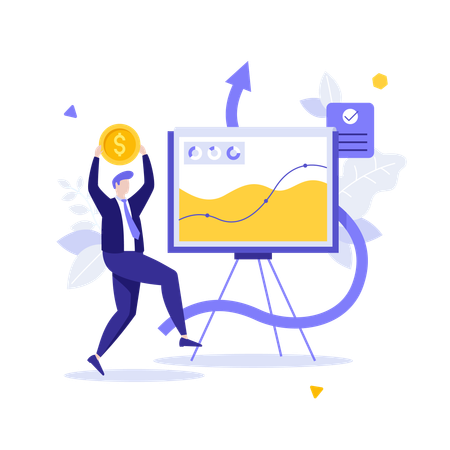 Businessman celebrating with coin near graph on whiteboard  Illustration