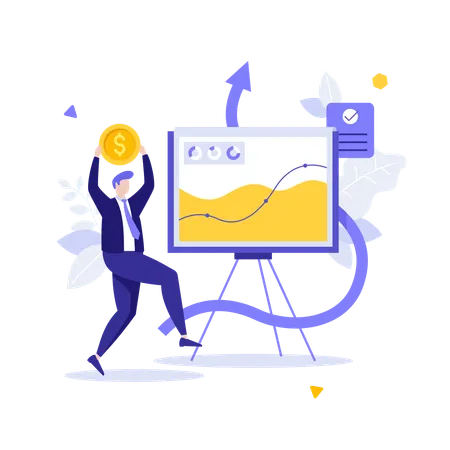 Businessman celebrating with coin near graph on whiteboard  Illustration