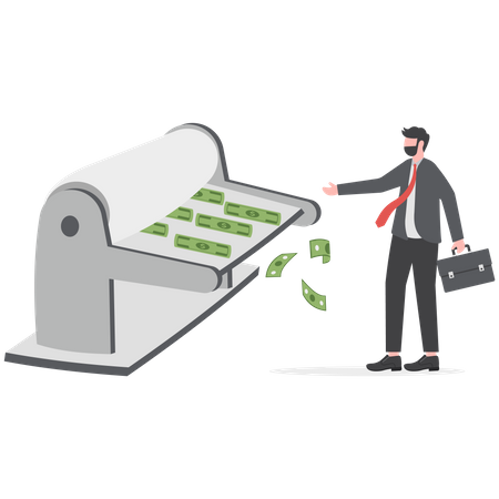 Businessman central bank man rolling money printer to print money banknotes  일러스트레이션