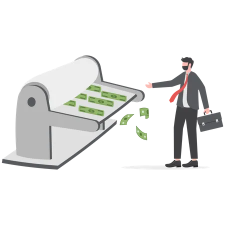Printing Money Quantitative Easing Policy By Countries Central Bank Or FED Federal Reserve To Stimulate Economics Concept Businessman Central Bank Man Rolling Money Printer To Print Money Banknotes Illustration