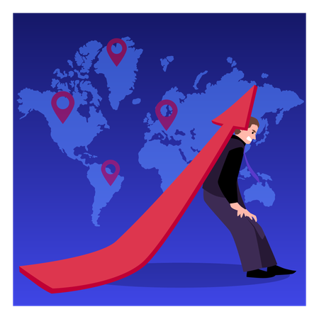 Businessman change business direction pushing upward financial chart arrow earth map  Illustration