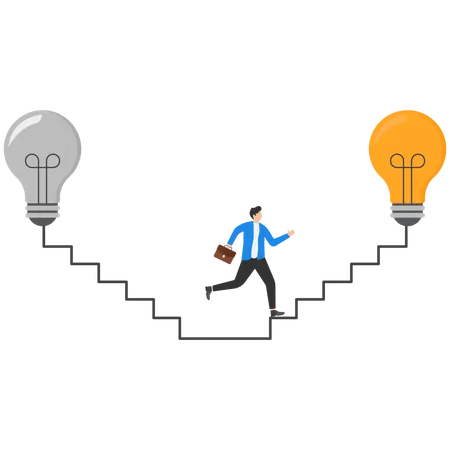 Idea Change To Improve Business Disruptive Innovation Concept Businessman Stepping Up Electricity Line As Stair To Bright Light Bulb After Walking Down From Old Light Bulb Illustration