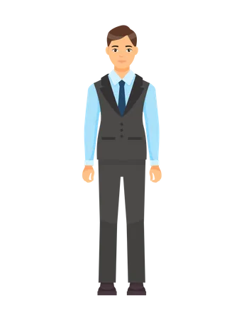 Isolated Cartoon Character Businessman Wearing Stylish Coat Vest And Trousers Blue Tie Man In Blue Shirt Business Person Style Dresscode Of Office Worker Brown Haired Guy Cloth Element Illustration