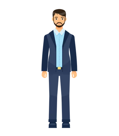 Isolated Cartoon Character Bearded Businessman Wearing Stylish Coat Vest And Trousers Blue Tie Man In Blue Shirt Business Person Style Dresscode Of Office Worker Brown Haired Guy With Mustache Illustration