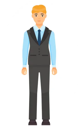 Isolated Cartoon Character Businessman Wearing Stylish Coat Vest And Trousers Blue Tie Man In Blue Shirt Business Person Style Dresscode Of Office Worker Blond Haired Guy Cloth Element Illustration