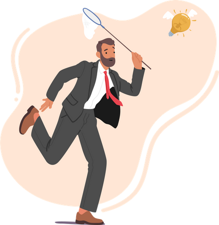 Businessman Character Chasing Flying Light Bulb Trying To Catch With Butterfly Net Illustration