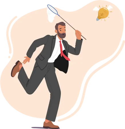 Businessman Character Chasing Flying Light Bulb Trying To Catch With Butterfly Net Illustration