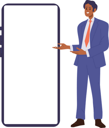 Businessman character pointing at big smartphone with white empty blank screen  イラスト