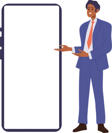 Young Stylish Happy Businessman In Suit Pointing At Big Smartphone With White Blank Screen Vector Illustration Of Business Male Character Showing Cellphone Display With Empty Place For Advertisement イラスト