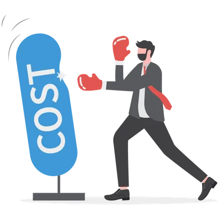 Cost Reduction Or Efficiency Design Concept Businessman Character Punch Hardly The Punching Bag With Word Cost On It Metaphor Vector Illustration Business Template Illustration