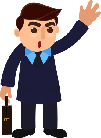 Businessman Character Raised Hand with Briefcase  Illustration