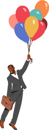 Businessman Character Soars Through The Sky On A Cluster Of Colorful Balloons  Illustration