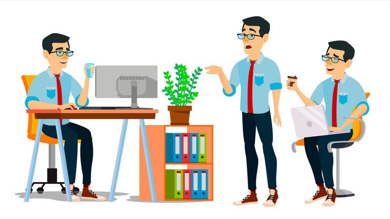 Businessman Character Working In Office On Desk  Illustration