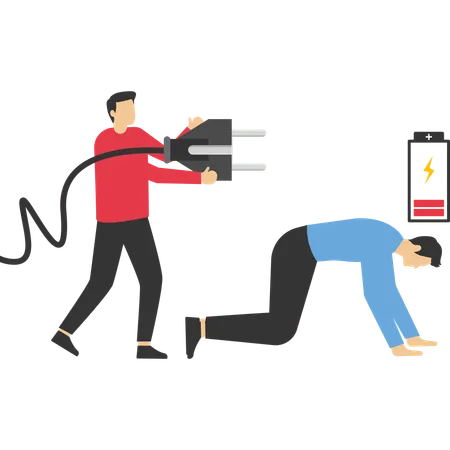 Businessman charges battery of exhausted employee  Illustration