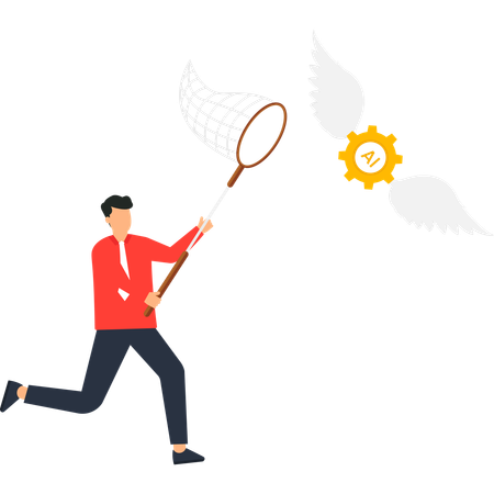 Businessman Chasing AI Gear with Wings  Illustration