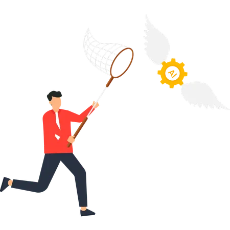 Businessman Chasing AI Gear with Wings  Illustration