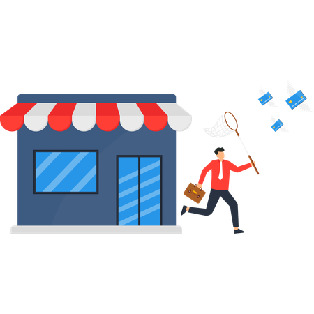 Businessman chasing flying credit cards financial loss  Illustration