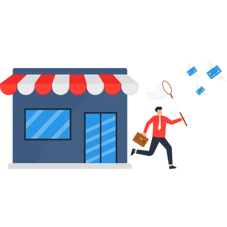 Businessman chasing flying credit cards financial loss  Illustration