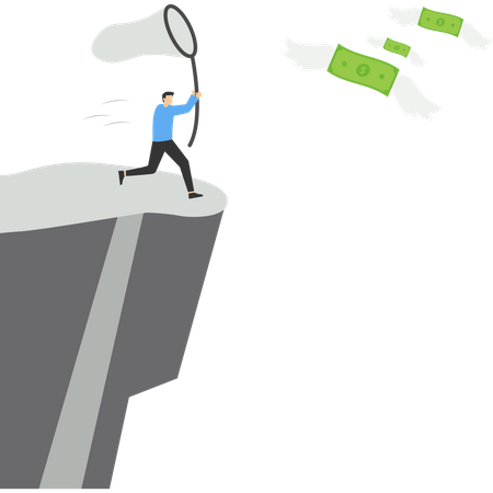 Businessman chasing money that flies away from the abyss  Illustration