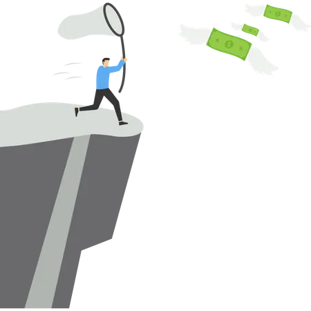 Businessman chasing money that flies away from the abyss  Illustration