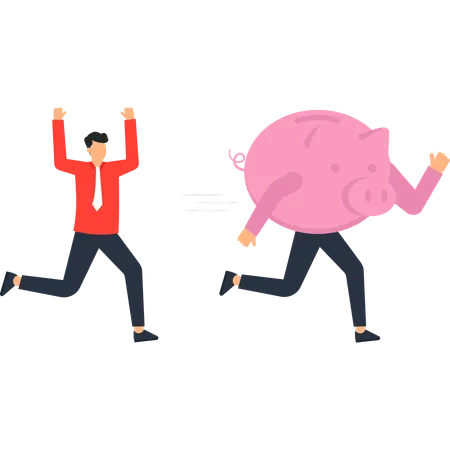 貯金箱の貯蓄を追いかけるビジネスマン  イラスト