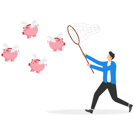 Businessman chasing to catch flying pink piggy bank  Illustration
