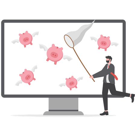 Businessman chasing to catch flying pink piggy bank.  Illustration