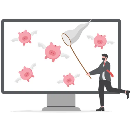 Businessman chasing to catch flying pink piggy bank.  Illustration