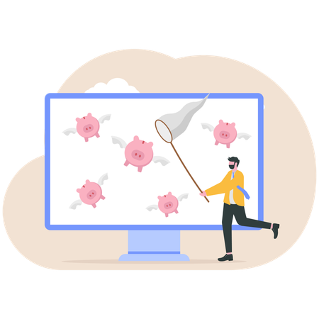 Businessman chasing to catch flying pink piggy bank  Illustration